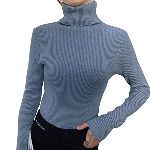 Shujin Rollkragenpullover Damen Dünn Pullover Basic Langarm Strickpullover Weich Stretch Strickpulli Elegant Slim Fit Einfarbig Pulli Sweatshirts für Herbst Winter(Blau,One Size) von Shujin