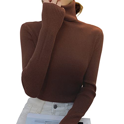 Shujin Rollkragenpullover Damen Dünn Pullover Basic Langarm Strickpullover Weich Stretch Strickpulli Elegant Slim Fit Einfarbig Pulli Sweatshirts für Herbst Winter(Braun,One Size) von Shujin