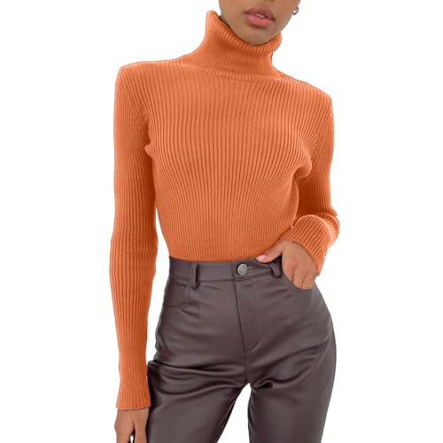 Shujin Rollkragenpullover Damen Dünn Pullover Basic Langarm Strickpullover Weich Stretch Strickpulli Elegant Slim Fit Einfarbig Pulli Sweatshirts für Herbst Winter(Orange,One Size) von Shujin