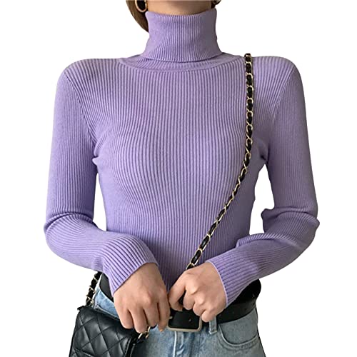 Shujin Rollkragenpullover Damen Dünn Pullover Basic Langarm Strickpullover Weich Stretch Strickpulli Elegant Slim Fit Einfarbig Pulli Sweatshirts für Herbst Winter(Violett,One Size) von Shujin