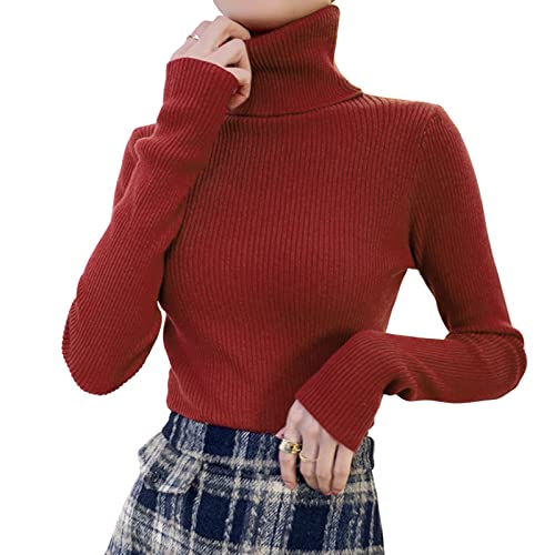 Shujin Rollkragenpullover Damen Dünn Pullover Basic Langarm Strickpullover Weich Stretch Strickpulli Elegant Slim Fit Einfarbig Pulli Sweatshirts für Herbst Winter(Weinrot,One Size) von Shujin