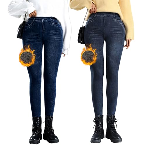 Shujin Thermo Jeggings Damen Jeansoptik Hose mit Innenfutter High Waist Slim Fit Treggings Seamless Thermoleggins Stretch Warm Skinny Jeanshosen Denim Jeans Tights(A01 Blau+A01 Schwarz,M) von Shujin