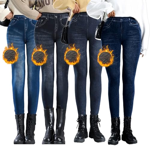 Shujin Thermo Jeggings Damen Jeansoptik Hose mit Innenfutter High Waist Slim Treggings Seamless Thermoleggins Stretch Warm Skinny Denim Jeans Tights(4er Pack Mehrfarbig,M) von Shujin