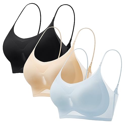 Shujin Ultradünner Sommer-Komfort-BH aus Eisseide in Übergröße,Soft BH ohne Bügel Gepolstert Push Up Ice Silk Air Bra Nahtloser Bügelloser Bustier für Schlafen Yoga(Hautfarbe+Schwarz+Hellblau,L) von Shujin