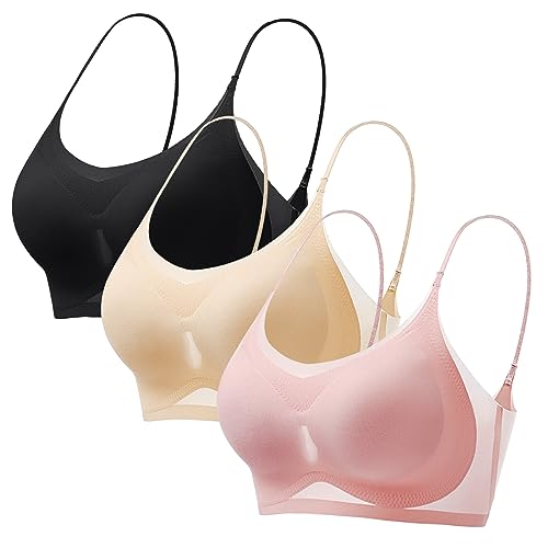 Shujin Ultradünner Sommer-Komfort-BH aus Eisseide in Übergröße,Soft BH ohne Bügel Gepolstert Push Up Ice Silk Air Bra Nahtloser Bügelloser Bustier für Schlafen Yoga(Hautfarbe+Schwarz+Rosa,XL) von Shujin