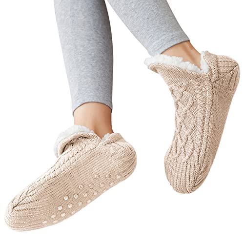 Shujin Unisex Kuschelsocken mit ABS Sohle Winter Strick Stoppersocken Warme Hüttensocken Dicke Hausschuhe Socken Bettscoken Flauschig Pantoffelsocken(Beige,35/39 EU) von Shujin