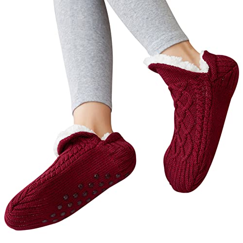 Shujin Unisex Kuschelsocken mit ABS Sohle Winter Strick Stoppersocken Warme Hüttensocken Dicke Hausschuhe Socken Bettscoken Flauschig Pantoffelsocken(Weinrot,40/42 EU) von Shujin