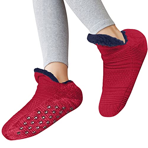 Shujin Unisex Kuschelsocken mit ABS Sohle Winter Strick Stoppersocken Warme Hüttensocken Dicke Hausschuhe Socken Bettscoken Flauschig Pantoffelsocken(Weinrot&Dunkelblau,40/42 EU) von Shujin