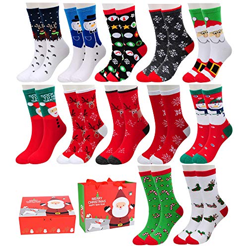 Shujin Unisex Weihnachtssocken 12 Paare Mix Design Weihnachten Socken Festlicher Spaß Neuheit Weihnachtsmotiv Socken Christmas Socks Atmungsaktive für Damen und Herren (One Size,12 Pack) von Shujin