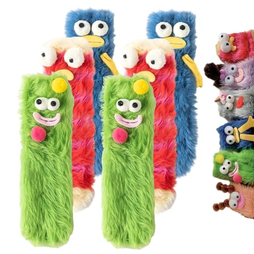 Shujin Warm Cozy Fluffy Cartoon Monster Socks,3D Lustige Monster Socken mit Augen für Damen Korallensamt Flauschige Socken Winter Warm Velvet Kuschelsocken Funny Quirky Socks,Navyblau+Grün+Rot von Shujin