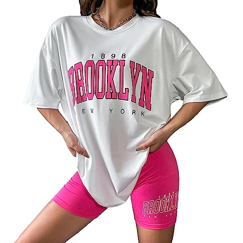 Shujin Zweiteiler Damen Sommer Mode 2 Teile Radlerhose mit T-Shirt Set Sommer Buchstaben Druck Kurzarm Hausanzug Loungewear Y2k Teenager Mädchen Outfit Casual Streatwear(Fuchsie,M) von Shujin