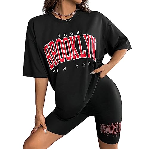 Shujin Zweiteiler Damen Sommer Mode 2 Teile Radlerhose mit T-Shirt Set Sommer Buchstaben Druck Kurzarm Hausanzug Loungewear Y2k Teenager Mädchen Outfit Casual Streatwear(Schwarz,M) von Shujin