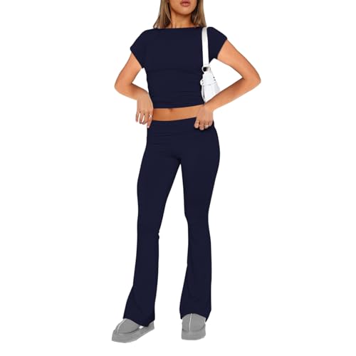 Shujin Zweiteiler Damen Y2K Hosenanzug Skims Dupes Langarmshirt mit Low Rise Flare Lange Schlaghose Jogginganzug Slim Fit 2 Stück Outfit Trainingsanzug Freizeit Lounge Set(Kurzarm/Navyblau,S) von Shujin