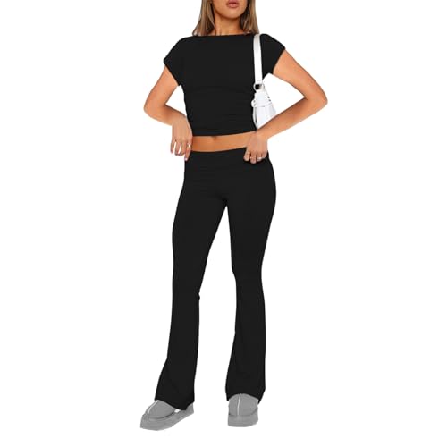 Shujin Zweiteiler Damen Y2K Hosenanzug Skims Dupes Langarmshirt mit Low Rise Flare Lange Schlaghose Jogginganzug Slim Fit 2 Stück Outfit Trainingsanzug Freizeit Lounge Set(Kurzarm/Schwarz,S) von Shujin