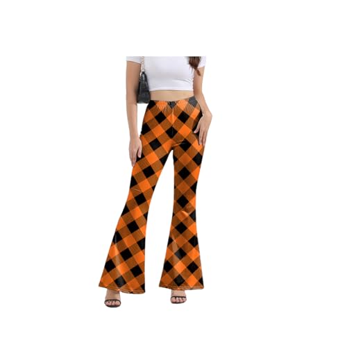 Shukqueen Damen Halloween Hose Orange Schwarz Kariert Leggings Schlaghose, Orange, M von Shukqueen
