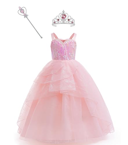 Shukqueen Mädchen Prinzessin Cosplay Kostüm Rosa Glinda Kleid mit Krone Mädchen Party Abendkleider 160 von Shukqueen