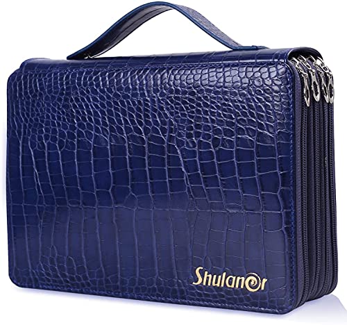 Shulaner 250 Slots Federmäppchen mit 5 Fach Reißverschluss Großer Federmappe PU-Bleistifthalter aus Leder 250 Stifte Beutel Pencil Case Colouring Pencil Pouch Bag - Blau von Shulaner