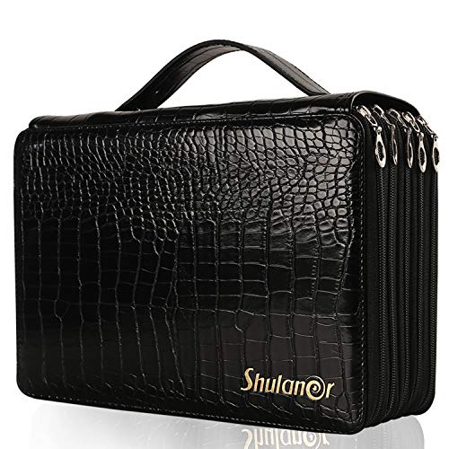 Shulaner 250 Slots Federmäppchen mit 5 Fach Reißverschluss Großer Federmappe PU-Bleistifthalter aus Leder 250 Stifte Beutel Pencil Case Colouring Pencil Pouch Bag - Schwarz von Shulaner