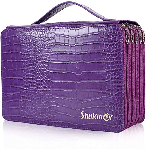 Shulaner 250 Slots Federmäppchen mit 5 Fach Reißverschluss Großer Federmappe PU-Bleistifthalter aus Leder 250 Stifte Beutel Pencil Case Colouring Pencil Pouch Bag - Violett von Shulaner