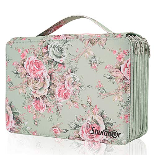 Shulaner 250 Slots Federmäppchen mit 5 fächer Reißverschluss Großer Federmappe Oxford Bleistifthalter Pencil Case Colouring Pencil Pouch Bag Holder - Rosé Grün von Shulaner