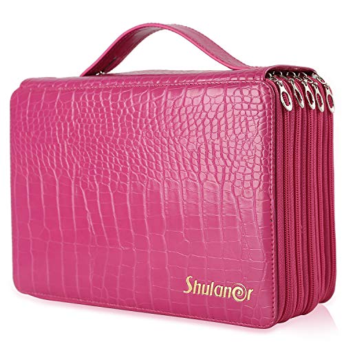 Shulaner Federmappe 250 Slots mit 5 Fächer Reißverschluss Federmäppchen Großer PU-Bleistifthalter aus Leder 250 Stifte Beutel Pencil Case Colouring Pencil Pouch Bag - Rose Red von Shulaner