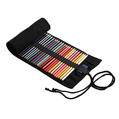 Shulishishop stiftemappe rollmäppchen Leinwand Federmäppchen Bleistiftbeutel Federmäppchen aufrollen Bleistiftverpackung 48,Black von Shulishishop