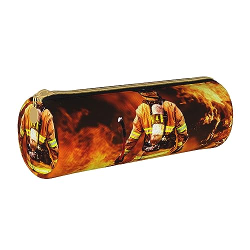Shunieg Feuerwehrmann Feuerwehrmann Flamme Rund Leder Federmäppchen - Große Kapazität Federmäppchen für Jungen und Mädchen von Shunieg