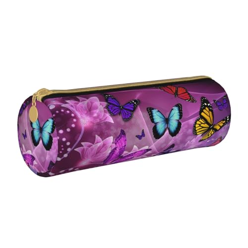 Shunieg Lila Schmetterlinge Runde Leder Federmäppchen - Große Kapazität Federmäppchen für Jungen und Mädchen von Shunieg