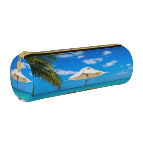 Shunieg White Beach Tropical Sea Round Leather Pencil Case - Large Capacity Pencil Case for Boys and Girls von Shunieg