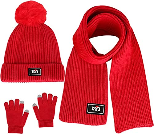 3-10 Jahre alt Jungen Mädchen Winter Strickmütze Schal Handschuhe Set, Fleece gefüttert Kinder Mütze Schal Handschuhe Set (Red) von ShuoBeiter