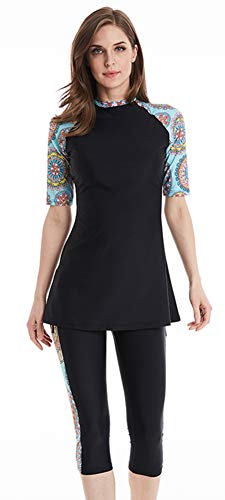 Modest Swimwear für Damen Muslimische Badeanzüge Burkini Floral Short Padded Surfing Suit (N5, Int’l M) von ShuoBeiter