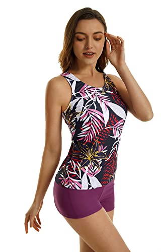 ShuoBeiter Bescheidene Tankini-Badeanzüge für Frauen Zweiteilige Badeanzüge Tanktop mit Blumendruck mit Boyshorts Bauchkontrolle Schwimmanzügen (L, S3) von ShuoBeiter