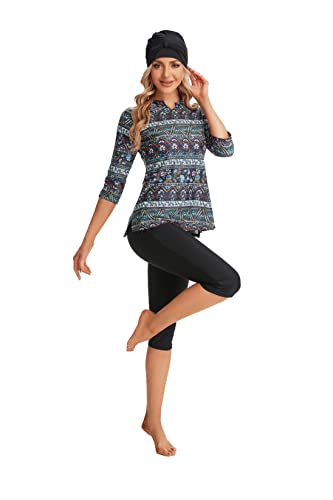 ShuoBeiter Damen Badeanzug mit kurzen Ärmeln Badeanzug mit integriertem BH Volle Abdeckung Größe Modest Badeanzug Beachwear(3XL, S4) von ShuoBeiter