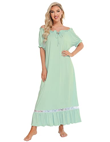 ShuoBeiter Damen Nachthemd Vintage Style Kurzärmeliges Kleid Variabler Kragen Lange Nachtwäsche Bequeme Loungewear(M, S3) von ShuoBeiter