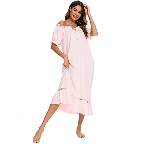 ShuoBeiter Damen Nachthemd Vintage Style Kurzärmeliges Kleid Variabler Kragen Lange Nachtwäsche Bequeme Loungewear(XXL, S4) von ShuoBeiter