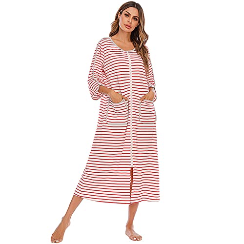 ShuoBeiter Zipper Front Robes Damen 3/4 Kurze Ärmel Loungewear Soft Casual Langes Nachthemd Loungewear (S, Z1) von ShuoBeiter