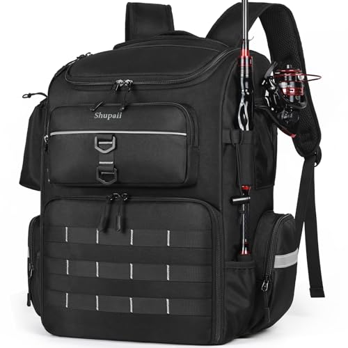 Shupaii Angelrucksack mit Rutenhaltern, 45 l, groß, wasserabweisend, Angelausrüstung, Geschenke für Männer, Vater von Shupaii