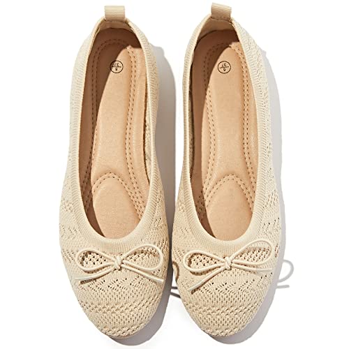 Flache Schuhe für Damen, Häkelspitze, Kleid Schuhe, runder Zehenbereich, Ballerinas, bequem, gestrickt, schwarz, flacher Absatz, aprikose, 39 EU von Shupua