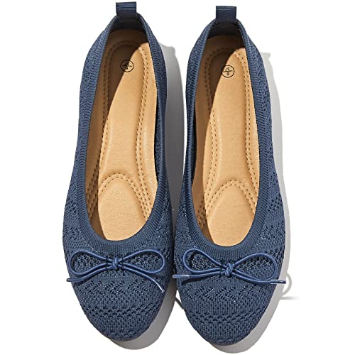 Flache Schuhe für Damen, Häkelspitze, Kleid Schuhe, runder Zehenbereich, Ballerinas, bequem, gestrickt, schwarz, flacher Absatz, navy, 39 EU von Shupua