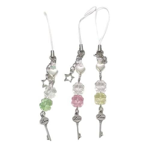 Shurhome Handgefertigter Handy-Anhänger mit Perlen, modischer Schlüsselanhänger, vierblättriges Kleeblatt, Schlüsselanhänger, Taschenzubehör für Damen und Mädchen, Acryllegierung, Telefonkette von Shurhome