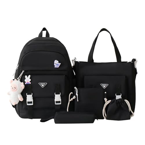 Kawaii Rucksack-Set, 5-teilig, Segeltuch, Schulrucksack-Kombi-Set, Schultertasche, Bleistifttasche, Tragetasche, Kawaii-Rucksack mit niedlichen Anhängern für Teenager-Mädchen, Schwarz , Refer to von Shurzzesj