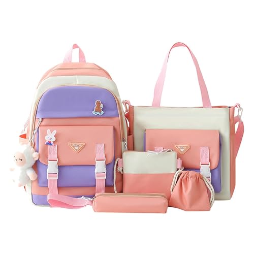 Kawaii Rucksack-Set, 5-teilig, Segeltuch, Schulrucksack-Kombi-Set, Schultertasche, Bleistifttasche, Tragetasche, Kawaii-Rucksack mit niedlichen Anhängern für Teenager-Mädchen, rose, Refer to von Shurzzesj