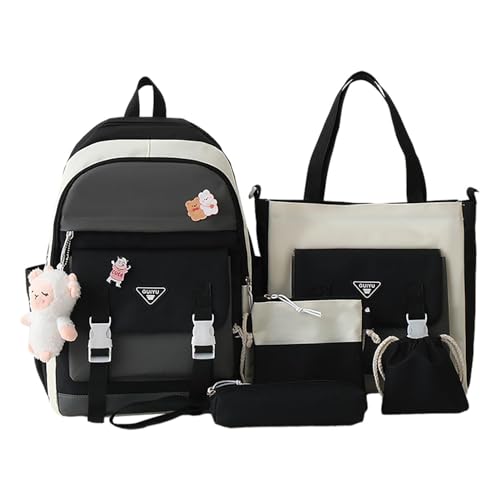 Kawaii Rucksack-Set, 5-teilig, Segeltuch, Schulrucksack-Kombi-Set, Schultertasche, Bleistifttasche, Tragetasche, Kawaii-Rucksack mit niedlichen Anhängern für Teenager-Mädchen, schwarz / weiß, Refer to von Shurzzesj