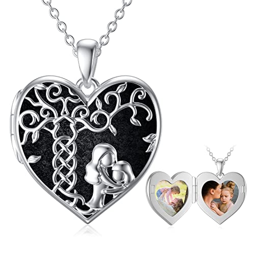 Shusukue Herz Medaillon Kette 925 Sterling Silber Mutter Tochter Kette Lebensbaum Kette Herz Schwarz Anhänger mit Foto Bilder Mama Schmuck Geschenke für Mutter Mädchen Kinder von Shusukue