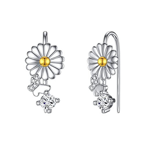 Gänseblümchen Ohrklemme 925 Sterling Silber Zirkon Ohrkletterer Ohrringe Fallen Hängend Ohrringe Blumen Ear Cuff für Damen Mädchen Knorpel Schmuck… von Shusukue