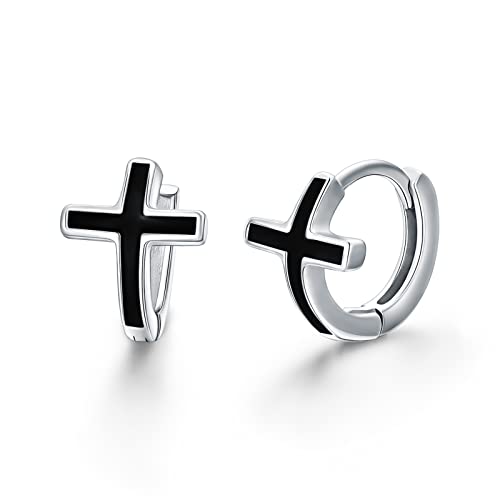 Kreuz Creolen 925 Sterling Silber Kreuz Ohrringe Schwarz kleine Creolen Kreolen silber Klapp Creolen Ohrringe Ohrschmuck Geschenk für Männer Frauen von Shusukue