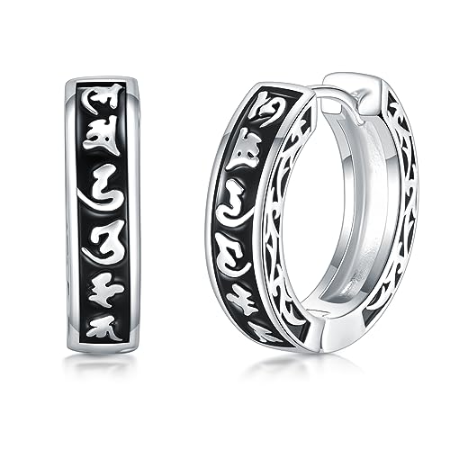 Sanskrit-Creolen, schwarze Creolen für Männer und Frauen, 925er-Sterlingsilber, Creolen, buddhistischer Schmuck, Geschenk von Shusukue