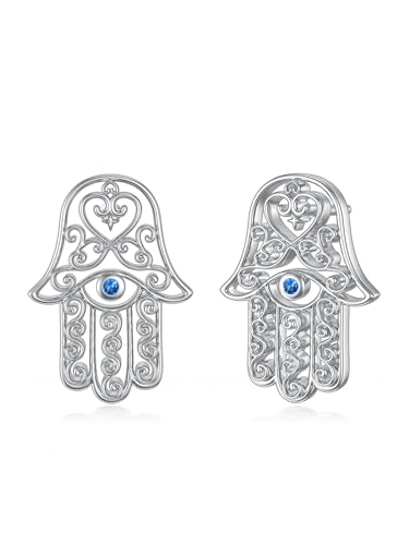 Shusukue Evil Eye und Hamsa Hand der Fatima-Ohrring mit blauem Zirkonia, Hamsa-Ohrstecker aus Sterlingsilber für Damen von Shusukue