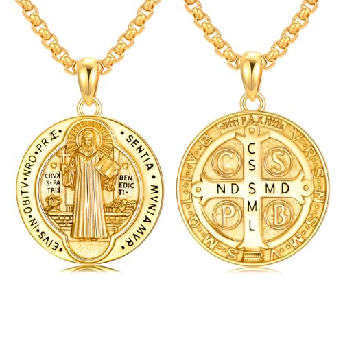 Shusukue Gold St. Benedikt Kette 925 Silber Heiliger Benedikt Medaille Amulett Schutzpatron Halskette Christlicher Religiöser Anhänger von Shusukue
