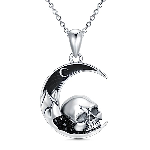 Shusukue Gothic Totenkopf Kette 925 Silber Halbmond Halskette Unisex Halloween Anhänger Schmuck Geschenke von Shusukue
